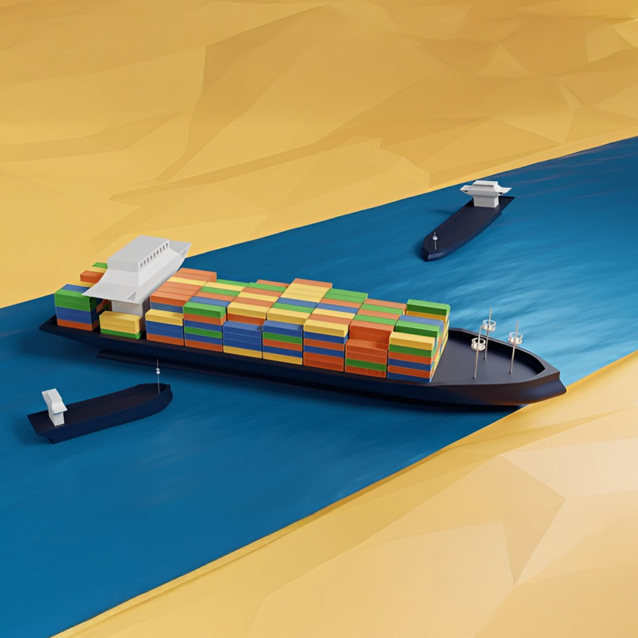Cargo ships carrying colorful containers navigating through a narrow canal, illustrating maritime traffic and shipping congestion in a critical global trade route.